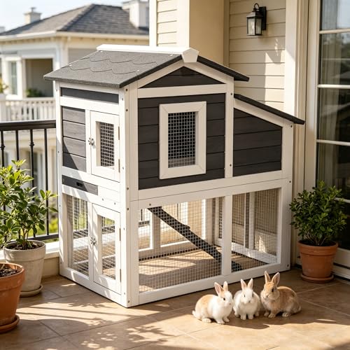 Wooden Rabbit Hutch Indoor,2 Story Bunny House | Openable Asphalt Roof, Removable Tray, Wire Fence, Lockable Doors, Access Ramp, Nesting Box - color: White