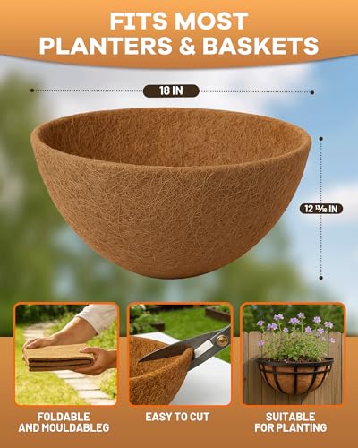 18 Inch Coconut Fiber for Plants, Round Pre-Formed Coco Planter Liner, Pack of 2 | Thick Natural Coconut Fiber Basket Liners for Hanging Planters, Window Boxes & Pet Nesting
