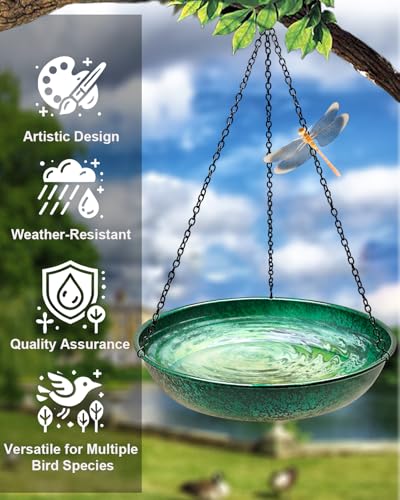 Hanging Bird Bath for Outside Metal Window Bird Feeder & Bath with Green Lime Gradient for Birds to Bathe Drink and Feed Anti-Splash Design Outdoor Garden Patio Decoration to Attract Wild Birds 11 in - color: Peacock Green Gradient