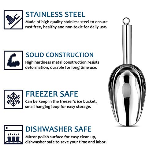 E-far 6 Ounce Ice Scoop Set of 2, Small Stainless Steel Scoops for Ice Cube/Candy/Flour/Sugar, Metal Utility Scoops for Canisters, Baking, Kitchen Pantry, Rust Free & Dishwasher Safe - color: Silver
