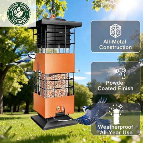 Squirrel Proof Bird Feeder,3.5Lb,4 Ports,Weight Activated,Easy Refill | Weight-Activated Shutoff Blocks Squirrels & Pigeons.Chew-Proof Build For All Weather.Large Capacity,Fast Refilling & Cleaning - color: Brown