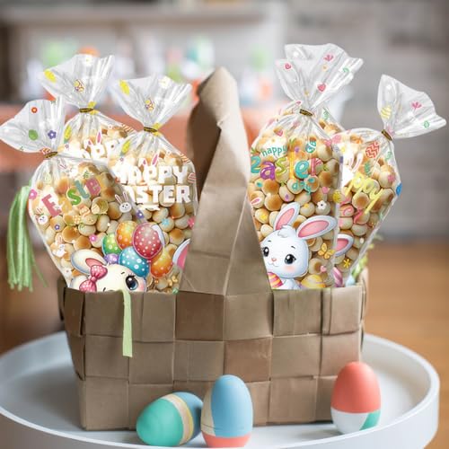 BASEMMAHER 50 Pieces Easter Candy Gift Packaging Bags Spring Bunny Egg Flowers Cellophane Treat Bags Goodies Cookies Gift Wrappings Bags for Easter Holiday Birthday Party Favors Supplies