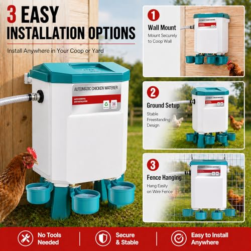 Automatic Chicken Waterer 2 Gallons, Chicken Water Feeder with Float Valve & 4 Water Cups, 13FT Hose Poultry Waterer System, Chicken Coop Water Dispenser for Chickens Ducks Quail Turkey (Blue, 2 GAL)