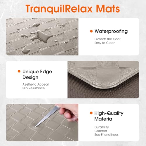 TranquilRelax Kitchen Mats, Cushioned Mats with Extra-Long Runner, Taupe | Kitchen mats for floor, water-resistant anti fatigue mats for kitchen floor with non-slip backing; 17.3 x 30 and 17.3 x 71 in - color: Taupe, size: 2-Piece | 30"+71" | Standard