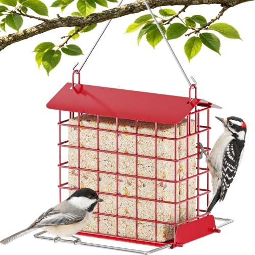 HOSUN Metal Suet Bird Feeder, Hanging Outdoor Wild Bird Cage, Red | All Metal Suet Cage, Weather-Resistant Roof, Easy Refill Top, Bottom Perch, Ventilated Base, Year Round Bird Feeding