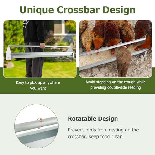 GIANTEX Chicken Feeding Trough 45" Long - Heavy Duty Galvanized Steel Chicken Feeder with Crossbar, Drainage Holes, Large Capacity Poultry Feeder Trough for Duck Geese Turkey Pigeon, Easy to Clean
