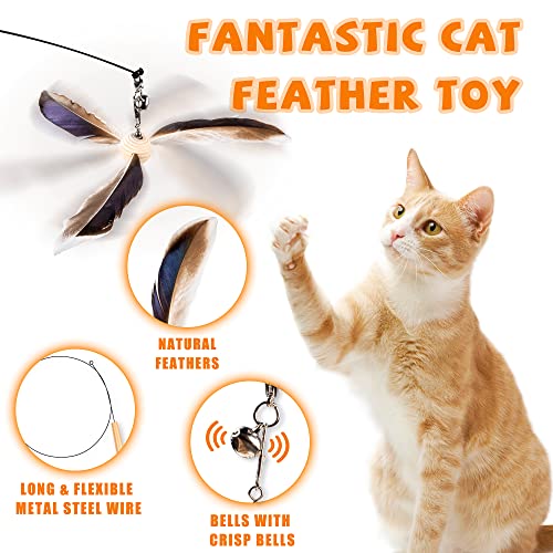 JXFUKAL Cat Wand Toys, Interactive Cat Toys with 3 Feather Refills, 29'' Flexible Steel Wire, Sturdy Wood Handle & Bell for Kitty Kitten, Cat Toys for Indoor Cats Teaser Cat String Toy - color: Set B