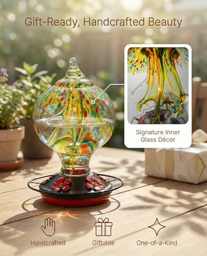 Hummingbird Feeder for Outdoors Hanging, 34 Oz, Handcrafted Gift Inner Glass Décor for Bird Garden Lover, Ant Moat & Bee-Resistant Ports, Hook & Brush Included (Golden Meadow) - color: Golden Meadow