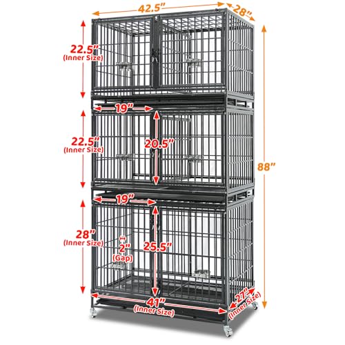Homey Pet Taller 43 Inch Three Tiers Dog Crate Cage Kennel with Divider | Commercial Modular Dog Kennel with Dual Front Doors, Divider, Auto Locks, Removable Tray, Bowls for Small and Medium Dogs - size: 42.5"L x 28.0"W x 88.0"H