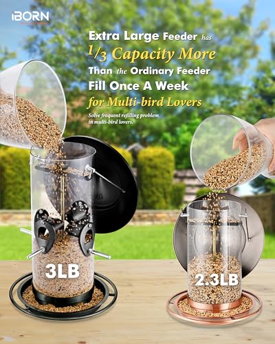 iBorn Metal Bird Feeder for Outside Hanging,Wild Bird Feeders for Cardinal,17.8cm Large Roof&Tray Black 10 Port(Seed is not Included) - color: Black,2.8LB,10Port