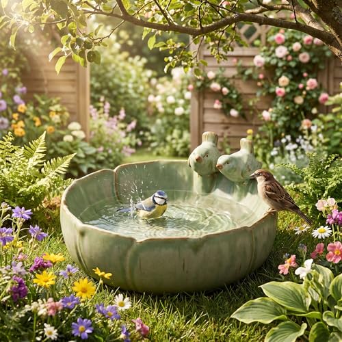 Ceramic Bird Bath for Outdoors, 8.1" Garden Bird Bath Bowl, Tabletop or Ground Birdbath Dish, Weather Resistant Bird Water Bowl for Patio, Balcony, Lawn & Garden - size: Deep 8x4.7