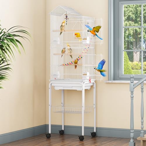 DWVO 62-inch Metal Bird Cage for Cockatiels, Parrots, Pigeons | Bird Cage for Cockatiels, Parrots, Pigeons, Lovebirds, Features Roof Access and Rolling Stand, White - color: White