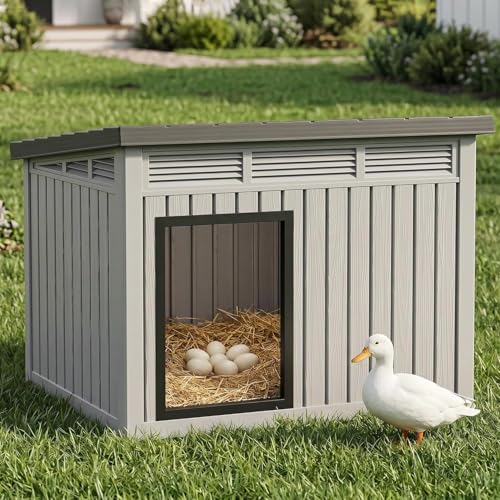 Vixzen Outdoor Duck House, PP Resin, Gray | Spacious Interior Poultry Shelter, Gas Strut Opening Top & Shutter Vents, Easy Cleaning and Storage - color: Gray, size: 42.9"L x 33.0"W x 31.6"H