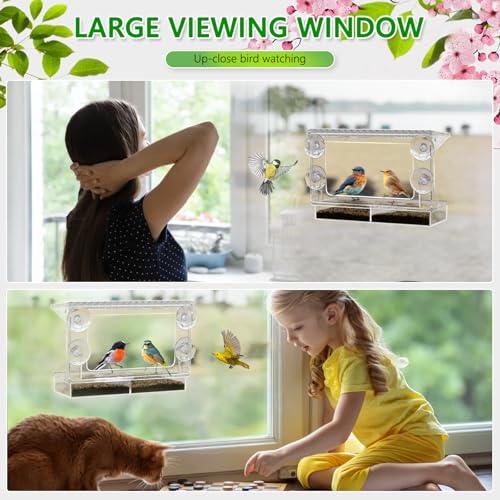 Gbekery Window Bird Feeder for Viewing with Suction Cups & Detachable Tray | Clear Acrylic Window-Mounted Feeder, Removable Separate Seed & Water Tray with Drainage Holes, Ideal Gift for Bird Watchers