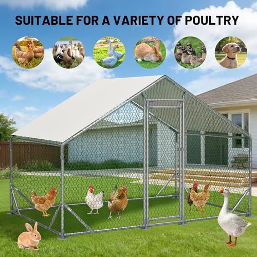 Metal Chicken Coop 20×10×6.56FT,Chicken Run Pen with Spire Roof,Water-Proof and UV-Proof Cover,Secure Mesh Walk-in Hens Fence with Lockable Door,Poultry Cage for Small Animal Like Hens,Ducks,Rabbits - size: 240.0"L x 80.0"W x 80.0"H