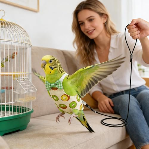 Bird Diaper Reusable Washable Pet Parrot Suit | Bird Traction Rope for Macaws Sparrow Parakeet Lovebird Conures Cockatiels - color: kiwi