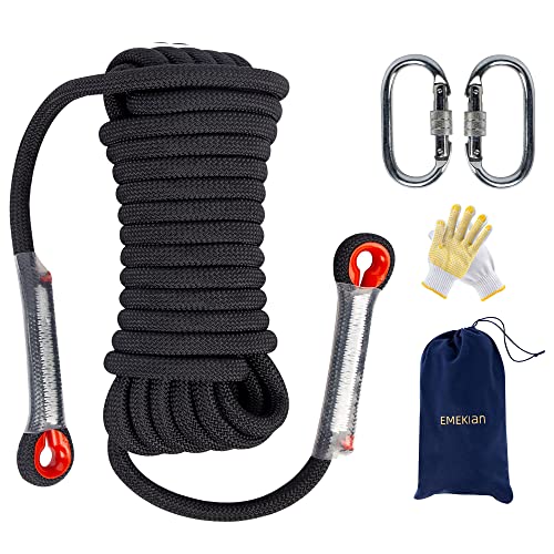 Indoor Outdoor Climbing Rope, 10/12/14mm (32FT/49FT/65FT/98FT) Static Rock Climbing Rope for Escape Rope, Ice Climbing Equipment, Fire Safety Rescue Rope, with Non Slip Gloves - color: Black, size: 14mm/32ft