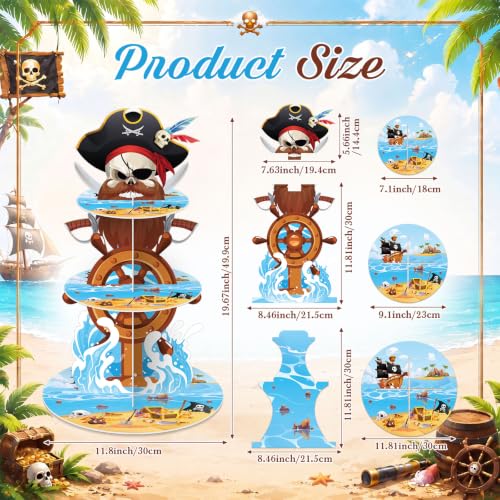 3 Tier Pirate Cupcake Stand Decoration Nautical Sailing Skull Cap Cupcake Tower Pirate Table Decoration Treasure Dessert Holder Table Display for Birthday Halloween Nautical Party Decor - style: Pirate