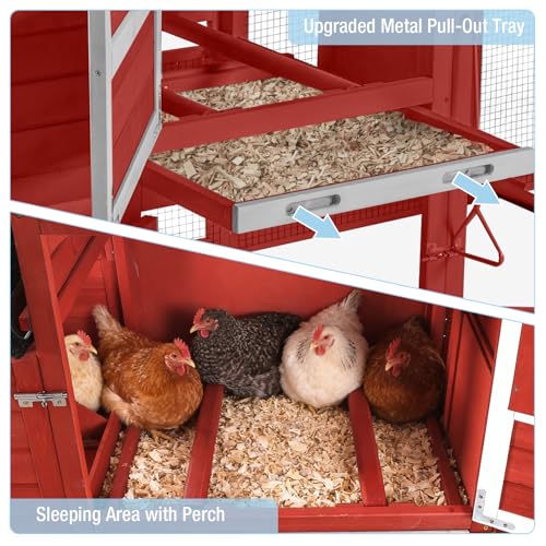 Large Chicken Coop with Run, 80.5’’ Chicken Tractor with Wheels, Wooden Hen House Poultry Cage with Plastic Waterproof Roof and Nesting Box, Leakproof Pull-Out Tray (Red) - color: Red, size: 80.5"L x 21.2"W x 42.5"H