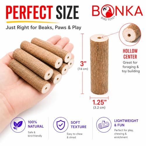 1211 Pk6 Natural Bark Sola Sticks, 6-Pack, 3" Long, 1.25" Diameter, Soft Chew and Foraging Toy for Birds, Parrots, Parakeets, Cockatiels, Lightweight, Natural, Safe, Eco-Friendly | Natural sola root sticks with center holes for chewing, shredding, toy mak