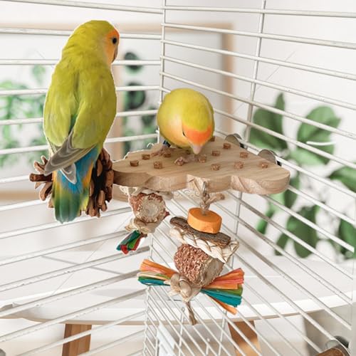 Parrot Toys, Parrot Wooden Toys Long Tailed Bird Toys with Pure Natural Corn Sticks and Pure Natural Pine Cones, Fun Bird Cage Accessories