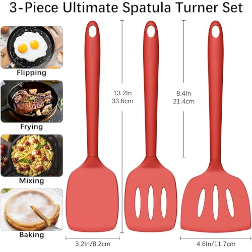 Coukre 3 Pack Silicone Spatula Set, Heat Resistant to 500°F, BPA-Free | Fish Spatula, Solid & Slotted Turners, Dishwasher Safe, Spatula Set for Eggs, Pancakes, Fish & Burgers, PureRed - color: PureRed