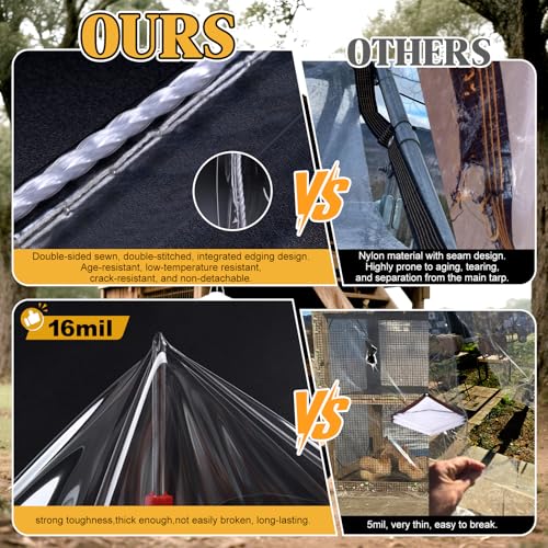10x20ft 16Mil Chicken Coop Cover for Winter,Thickened Waterproof Clear Tarp | Heavy Duty Waterproof Clear Tarp for Chicken Run Insulation,Chicken Coop Winterizing Vinyl Cover,with Elastic Cords&Rope - size: 10x20ft