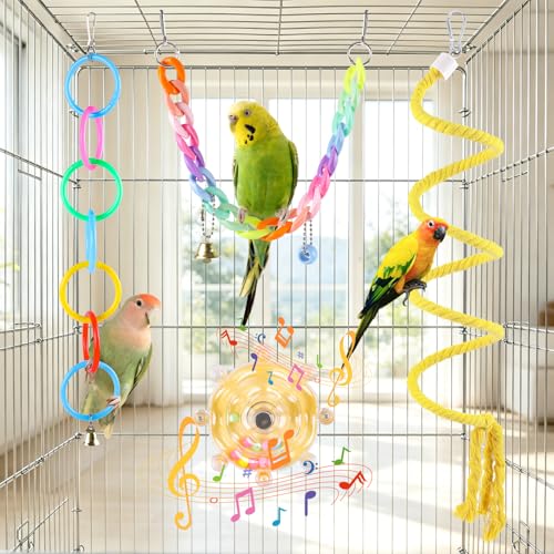 Parakeet Toys Set 8 Pcs Cotton Rope Hanging Swing Colorful Spinning Chewing Standing Perch Parrot Toys Bird Cage Accessories Bird Toy for Lovebird Cockatiel Budgie Finches