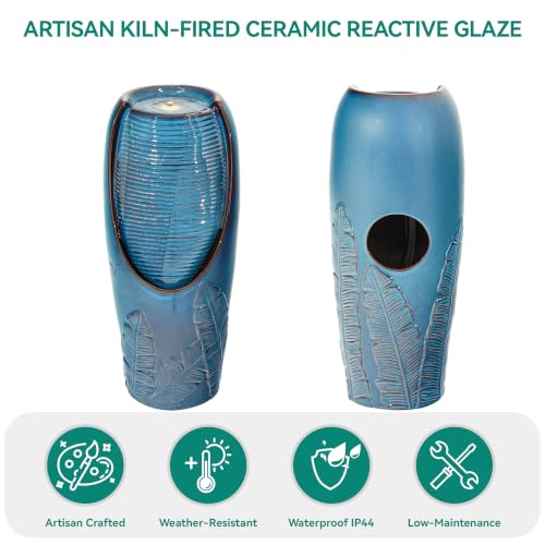 Autodaya 33" H Ceramic Jar Outdoor Water Fountain, Banana Leaf-Texture | Artisan High-Fired Glaze, Warm Ambient LED Lighting, Upgraded Pump, Soothing Cascading Water Feature For Garden Patio Yard - color: 32"h-leaf Pattern Teal Blue Glaze