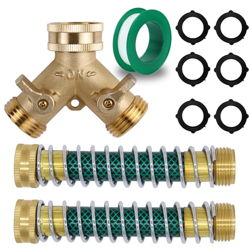 Triumpeek 3/4" Brass 2 Way Hose Splitter, Brass 2 Way Garden Hose Connector with 2 Pcs Garden Hose Coiled Spring Protectors and 6 Rubber Washers | Brass 2 Way Garden Hose Connector, 2 Pcs Garden Hose Coiled Spring Protectors, 6 Rubber Washers - style: 1Y
