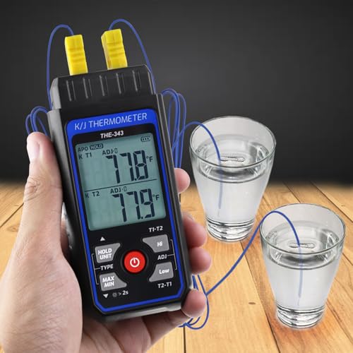 Thermocouple Thermometer Digital K/J Type with 4 K Type Thermocouple, HVAC Thermometer with Alarm & Adj Compensation, Temperature Meter -328°F ~ 2501°F Measuring Range