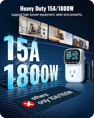 Digital Temperature Controller Outlet, 15A/1800W Heavy Duty Thermostat Plug, VA LCD Display, Heating/Cooling Control, -40°F~210°F, 4 Timer Modes, for Greenhouse Incubator Homebrew W02TC06 - color: White-16.4ft