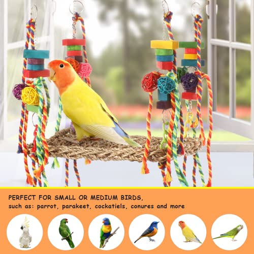 Bird Foraging Wall Toy, Parrot Chewing Toys Seagrass Woven Hammock Swing Mat with Colorful Ropes Wooden Blocks for Parakeets, Lovebirds, Cockatiels, Conures (Hammock Swing) - style: Hammock Swing