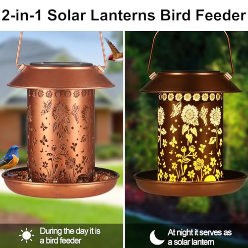 Sunflower Solar Bird Feeder Outdoor Waterproof Hanging Garden Decor | gift for women mom waterproof hanging solar lantern for yard patio christmas birthday daily decor - style: Sunflower + Butterfly