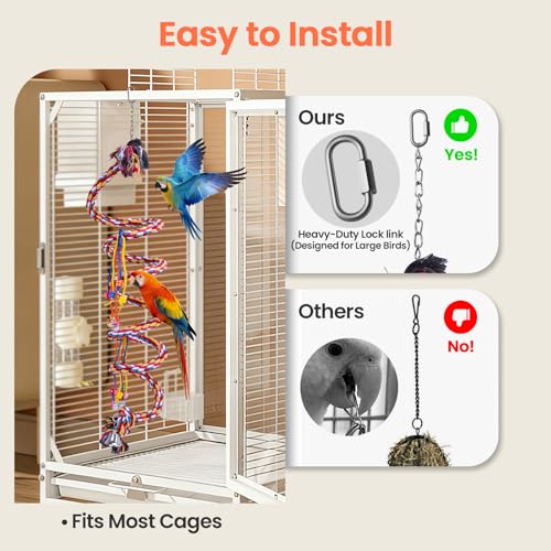 110" Ultra Long Bird Rope Perch Toys for Macaws. Heavy Duty Climbing Swing | For Cockatoos, African Greys, Amazons,Large Bird | Bell & Acrylic Enrichment Chewing Toys| 1''Thick Cotton Rope Spiral Play