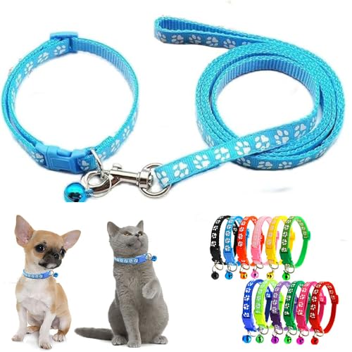 Sky Blue Puppy Collar and Lead Sets, Pawprint Adjustable Kitten Collar for Tiny Little XXS XS Extra Small Breed Pets Dogs Cats - color: Sky Blue