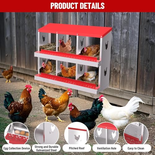 TrailBlaze Chicken Nesting Box 6 Compartments Laying Boxes, Metal Chicken Egg Laying Box with Rollout Egg Collection, Large Vented Holes Chicken Coop for Chickens, Hens (Red) - color: red, size: 6 holes