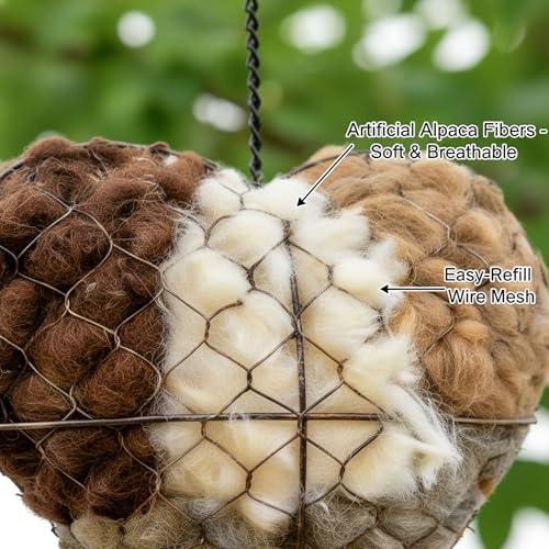 Heart Bird Nesting Material Holder, Natural Alpaca Fiber, 7.1 Inch | Heart-shaped refillable holder with untreated alpaca fiber, open wire frame and hanging chain for outdoor nesting season