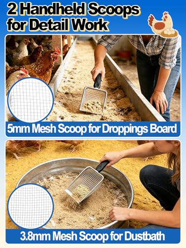 MEWTOGO 3 Pcs Chicken Poop Scooper - 35.5" to 74.8" Adjustable Metal Rake with 3.8mm & 5mm Holes Stainless Steel Scoop Tool for Chicken Coop Accessories Cleaning Droppings Boards Dustbath Areas
