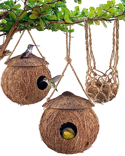 KATUMO Hummingbird Houses, Natural Coconut Bird Houses for Outside Hanging Hummingbird Swinging Nest, with Coconut Fiber Bedding for Nesting Window Garden Outdoor Home, 3Pcs