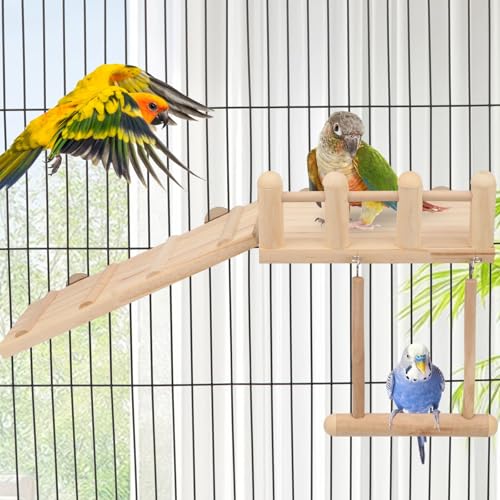 Wontee Bird Perches Platform Swing with Climbing Ladder Bird Cage Accessories Play Gym Exercise Stand for Parrots Budgies Parakeets Caique Senegal Cockatiels Conures