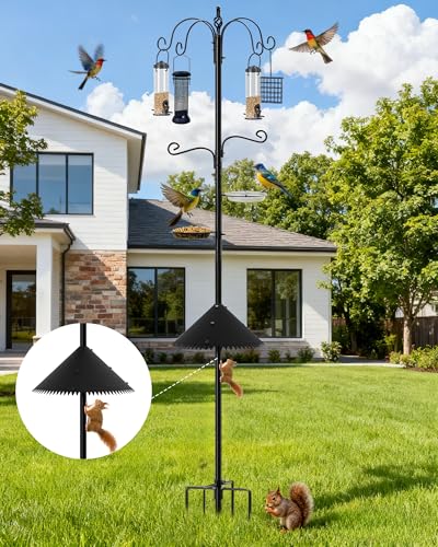 Bird Feeding Station, 94 Inch Wild Bird Feeders Pole with Wide Squirrel Baffle, 6-Hook, 4 Feeders, Water and Mesh Tray Humming Bird Feeders Stand for Outdoors Courtyards Gardens