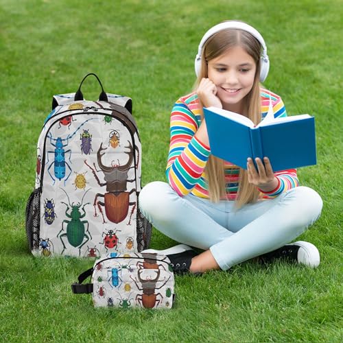 Bugs Small Beetles Insect Backpack with Lunch Bag, School Backpack for Teens Boys Girls Kids Backpacks Set - color: Grey and White