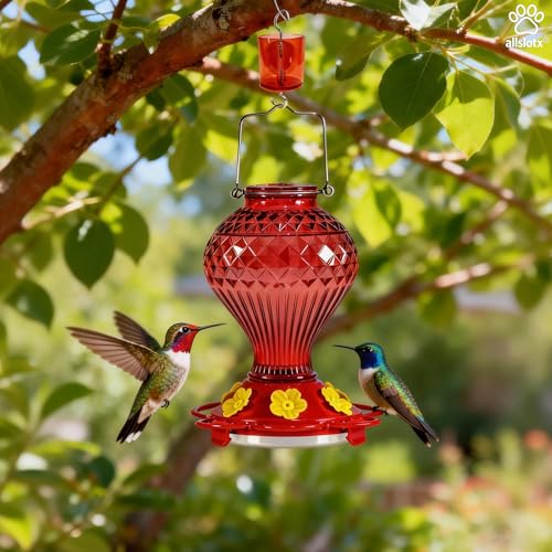 Glass Hummingbird Feeder for Outdoors Hanging, 20 oz Nectar Capacity, 6 Feeding Ports, Leak-Proof Rust-Free Plastic Base, Easy to Refill & Clean, Decorative Red Glass Bird Feeder for Garden Patio - color: Red, size: 20 Fluid Ounces
