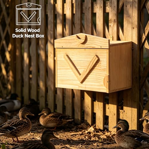 Handcrafted Solid Wood Duck House - Large Natural Outdoor Duck Nesting Box for Wood Ducks & Mergansers, Easy Pole Mounting Kit for Pond Wetland & Backyard