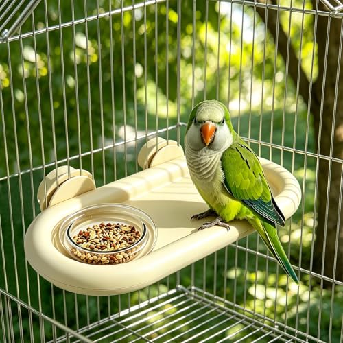 Bird Feeding Platform,bird feeder for cage,Parrot Rest Station with Food Bowl, Parrot Cage Perch,bird perches for Cages,Platform with Feeding Bowl for Parakeets and Small Birds cage Accessories(White)