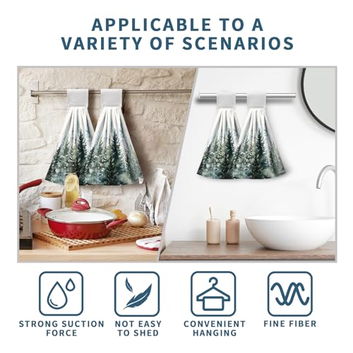 Watercolor Green Tree Hanging Hand Towels Christmas Pine Tree Kitchen Tie Towel Rustic Nature Forest Hand Towels with Hook Loops Winter Hanging Kitchen Towel Fast Drying Dish Tea Towels, 2pcs - color: Green Tree