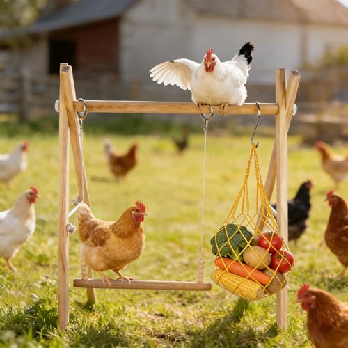 Chicken Perch & Swing Set for Coops, Wooden Roosting Bars with Feeding Net, Easy Assemble Chicken Coop Accessories for Backyard Poultry