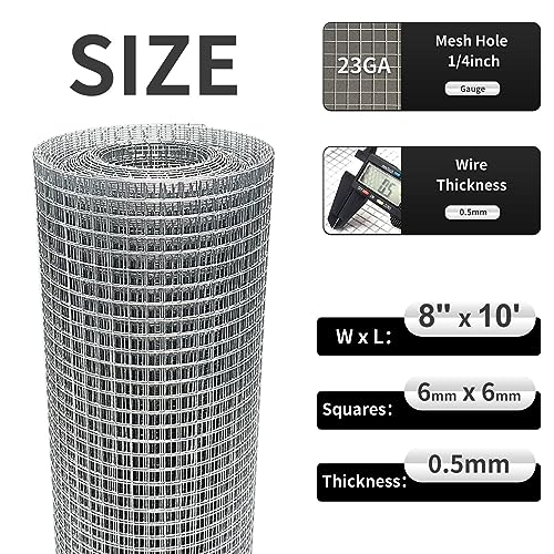 Hardware Cloth 8'' x 10' 1/4 in Galvanized Wire Mesh Roll (23 GA) Chicken Wire Fence Roll for Chicken Pen/coop Fences, Screen mesh, Rabbit/Snake Fences, Poultry enclosures, Handicraft Making, etc. - size: 8In x 10Ft