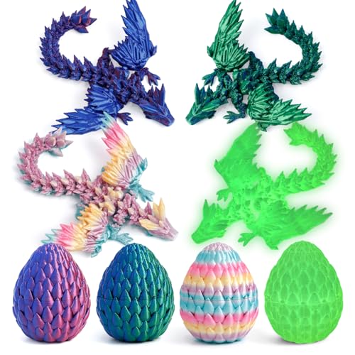 4 Pack 3D Printed Dragon Egg - Small Scale Egg with Winged Dragon Inside, Surprise 3D Printed Gift Toy, Desk Executive Pet, Figurine Decor（Purple Green Rainbow Glow - color: Purple+green Blue+candy Rainbow+glow Green